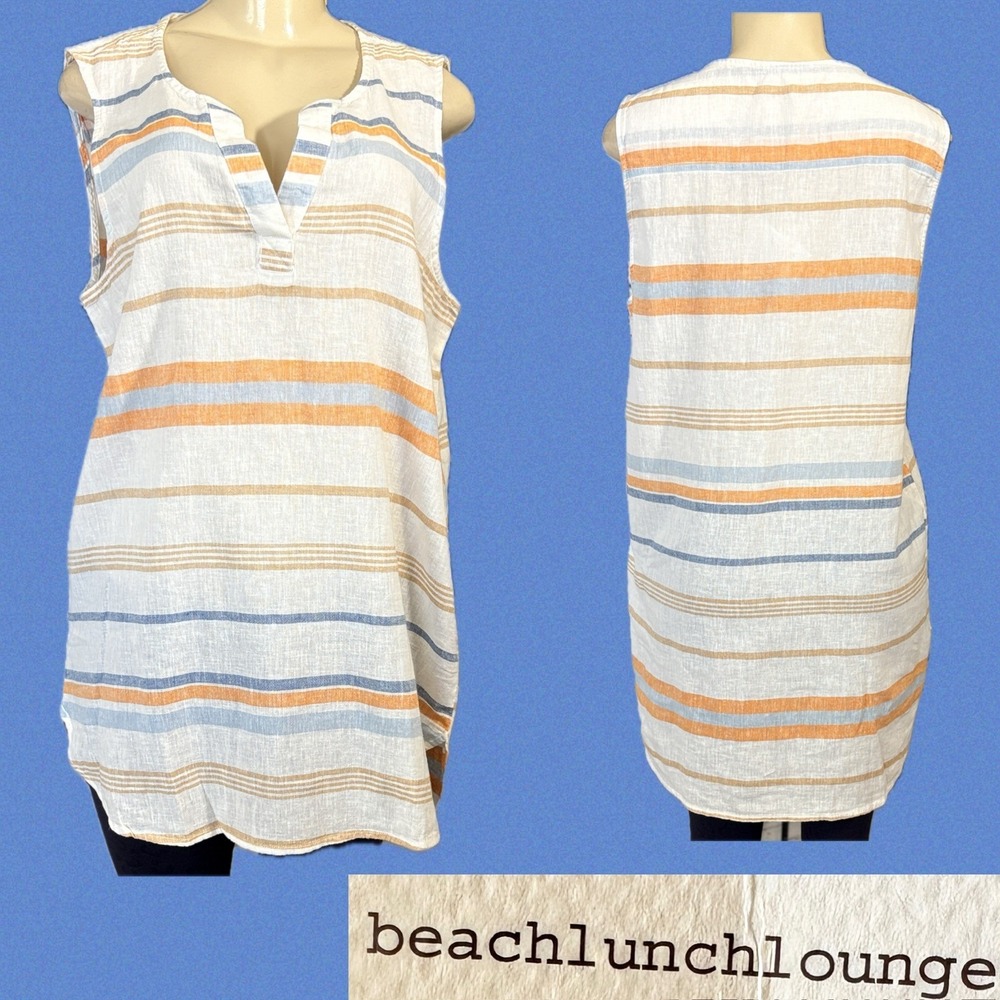 Beachlunchlounge L Jenna Linen Blend Striped Sleeveless Tunic Top Cafe Au Lait